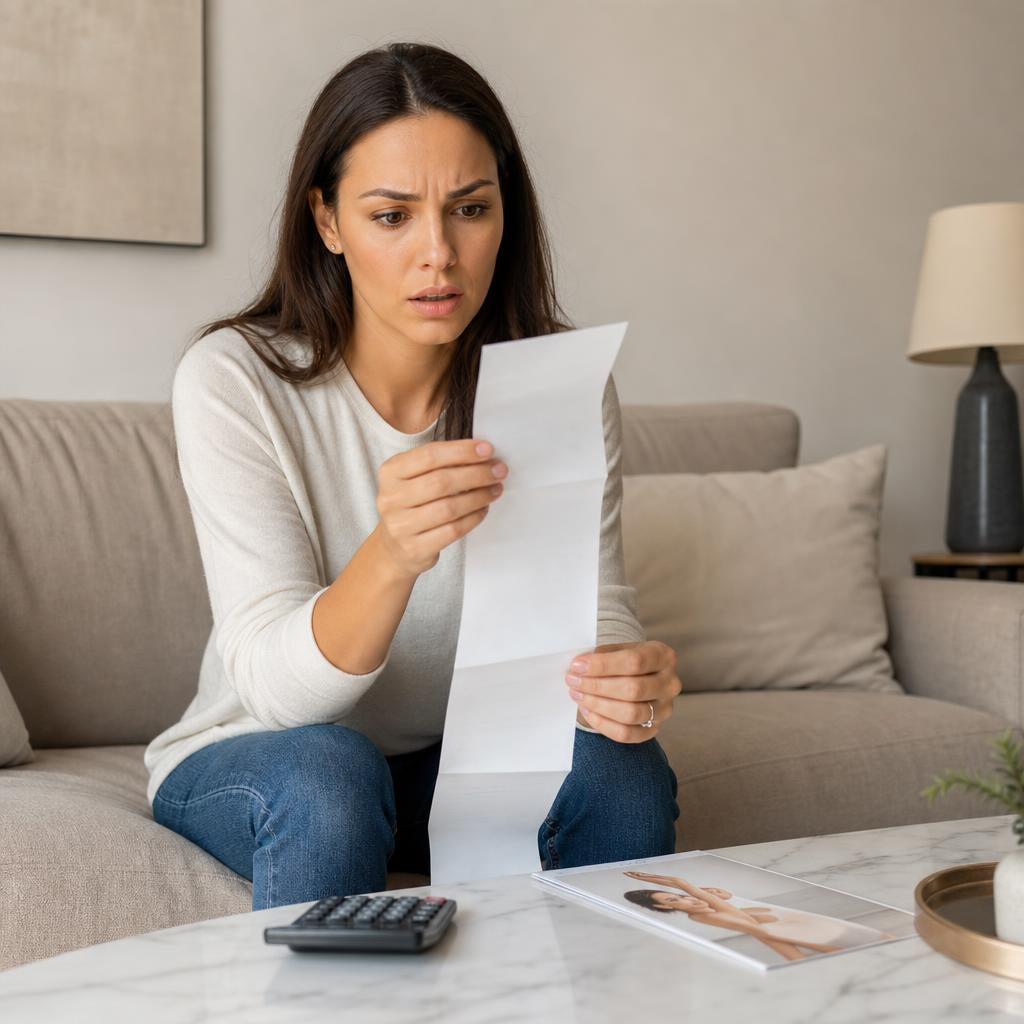 Mujer preocupada mirando una factura